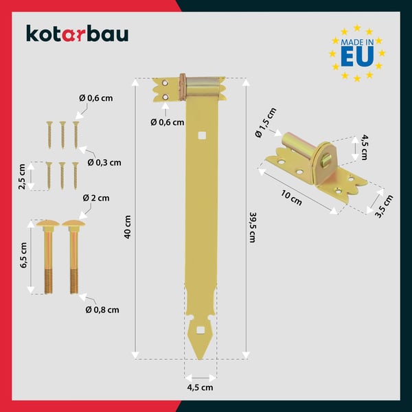 KOTARBAU® Hængsel med rem 400 mm guldforzinket stål garagedørhængsel til skodder pavillonhængsel