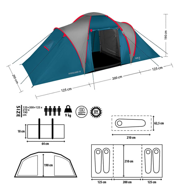 Leirintätent sininen-vaaleanharmaa Highland IV Nils Camp NC6431