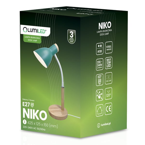 Pöytälamppu koulun piirustustyöhön vihreä E27 NIKO Lumiled