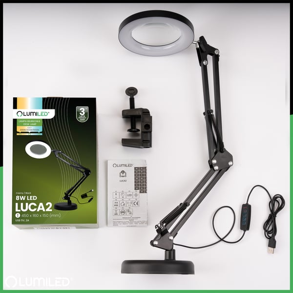Skrivbordslampa LED 8W CCT ritning bordlampa 3x glasförstoring lupa LUCA 2 svart LUMILED
