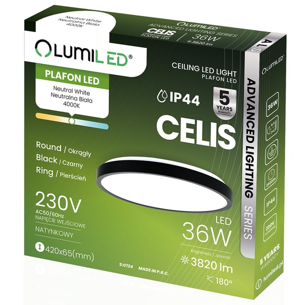 Loftlampe LED overflademonteret 36W 4000K CELIS rund IP44 sort ring ALS LUMILED