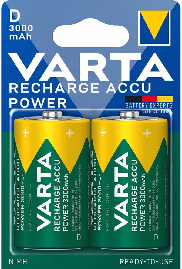 2x D R20 3000mAh NiMH 1,2V Varta-batteri