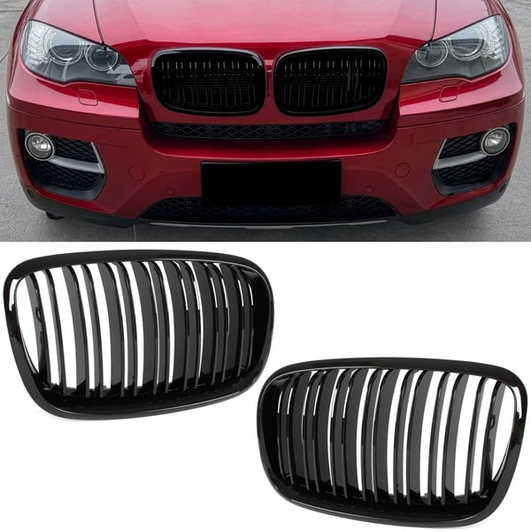 BMW X6 E71 07-14 galler mellan strålkastarna (njurarna) vänster + höger set SVARTA GLANSANDE DUBBELBAR