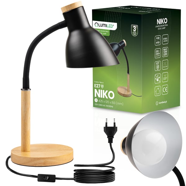 Skrivebordslampe til skole, tegnebord, dekorativ E27, NIKO, sort, Lumiled
