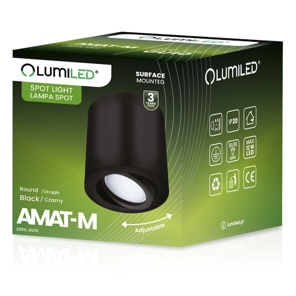 Overflademonteret HALOGEN Spot Tube Bevægelig GU10 Rund Sort 84mm AMAT-M LUMILED