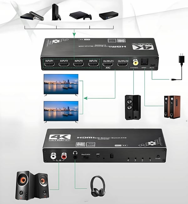SPLITTER-SWITCH HDMI 2.0 4x2-SWITCH 4 INDGANGE 2 UDGANGE ARC CINCH OPTISK