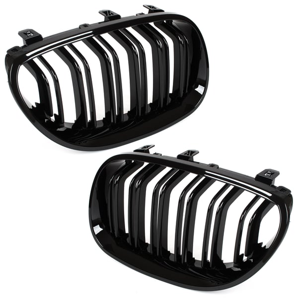 BMW 5 E60 / E61 03-10 gitter mellem forlygterne (nyrerne) venstre + højre sæt SORTE GLOSSY DOBBELTE BÅNDRIBBER