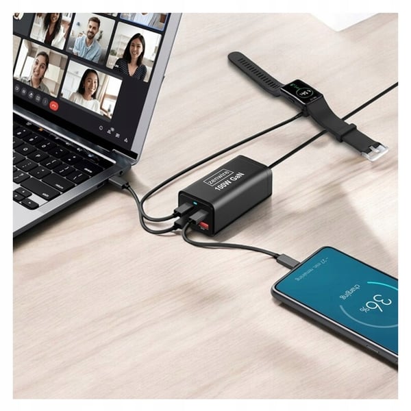 Vægoplader Strømforsyning 100W GaN III Cube AC Kabel 2x USB-C 65W 2x USB-A Zenwire YMS-608