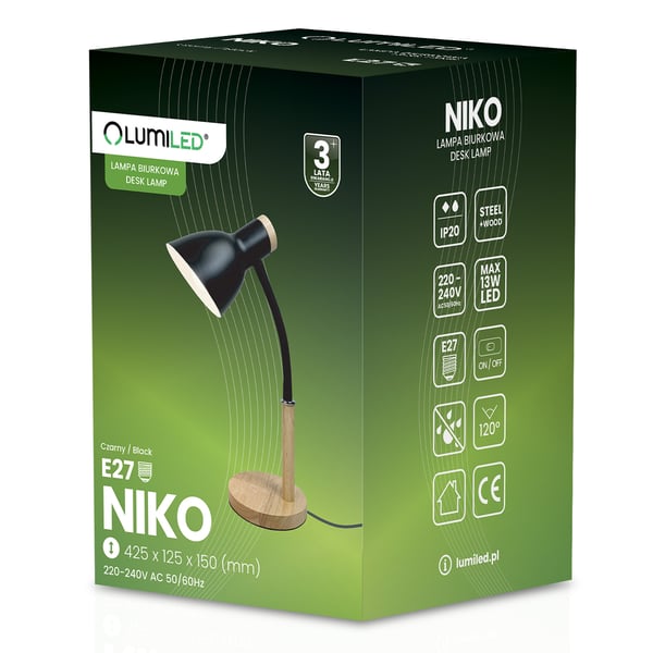 Skrivebordslampe til skole, tegnebord, dekorativ E27, NIKO, sort, Lumiled