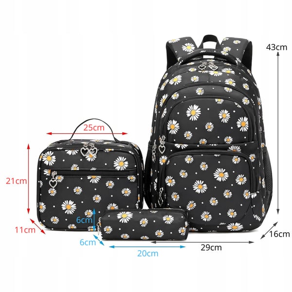 Daisy Print -koulureppu tytöille, 3-in-1 -setti, penaali, lounasrasia