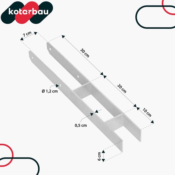 H-formet søjlefod til indstøbning, konsol, galvaniseret stålankra, 70 mm