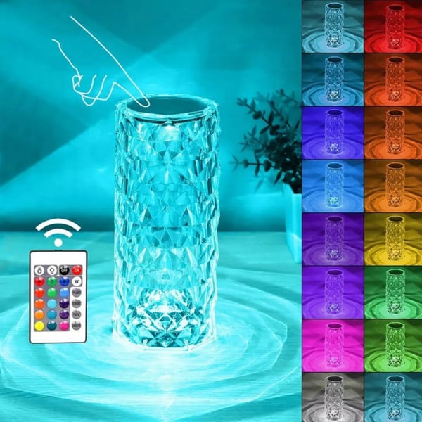LED krystal touch natlampe til skrivebord, diamant, rosafarvet, fjernbetjening