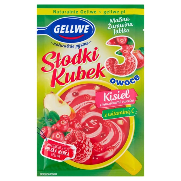 Gellwe Słodki Kubek 3 hedelmän hyytelö hedelmäpaloilla vadelma-karpalo-omena 30 g