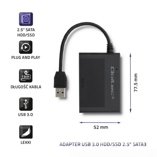 Qoltec Kiintolevy-/SSD-kotelo 2,5" SATA3 | USB 3.0 | Musta