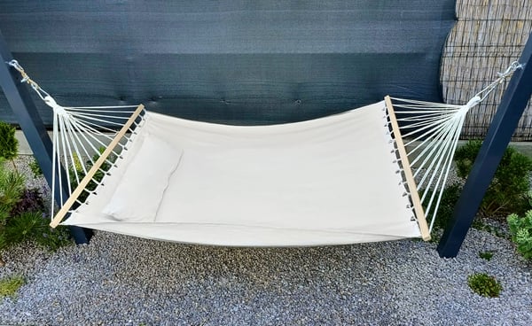 Tvåpersoners bohemisk trädgårdshängmatta, stor, stark, gunga, beige lyftstång, 310x150