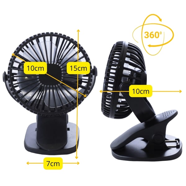 Ventilator med klips, miniventilator, USB-opladning, mobil, sort, skrivebord
