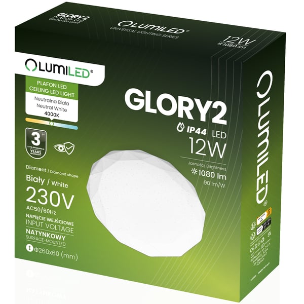 LED-kattovalaisin pinta-asennettava 12W IP44 pyöreä GLORY 2 DIAMOND 26cm LUMILED