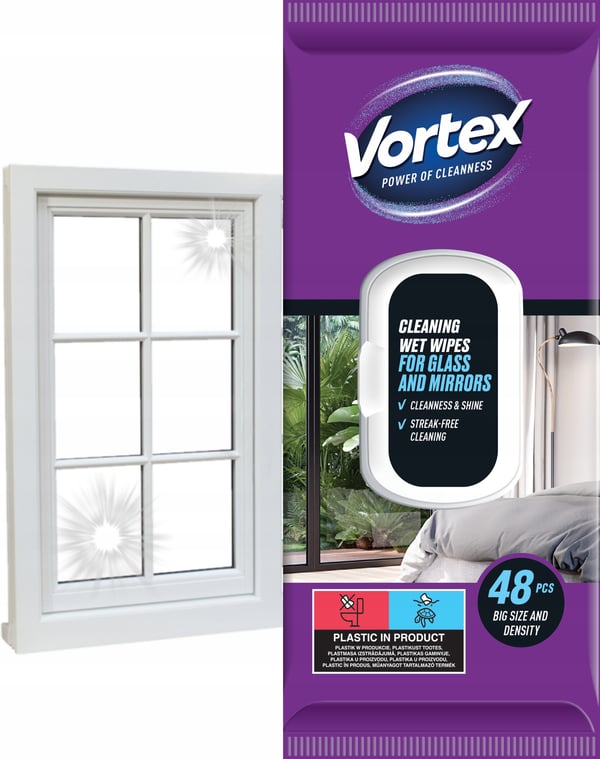 VORTEX våtservetter för speglar och glas med fällbara lock, 48 stycken
