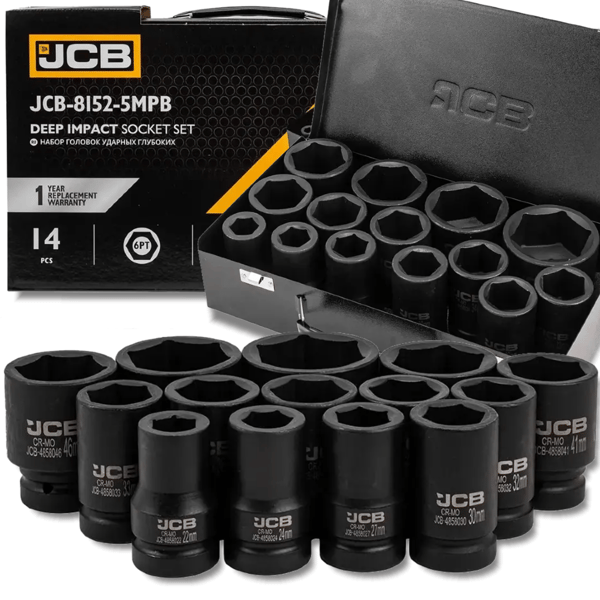 JCB 1" Cr-Mo 6-kantet slagtopnøglesæt, 14 dele