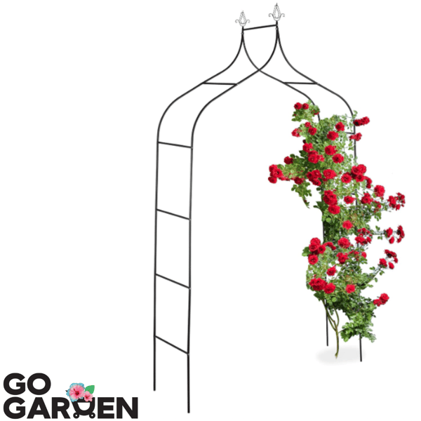 Metallträdgårdspergola för blommor, rosor och klätterväxter med stöd, båge och ankare