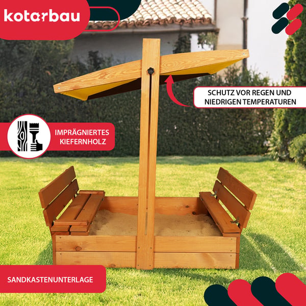 KOTARBEAU® stor sandlåda i trä med gult tak, impregnerad, stängd, med bänkar, brun, 100 x 100 cm