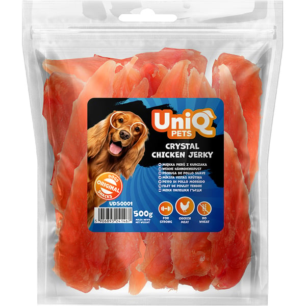 Delikatess, snack til hunde, blød kyllingebrystfilet (94%) UniQ 500g