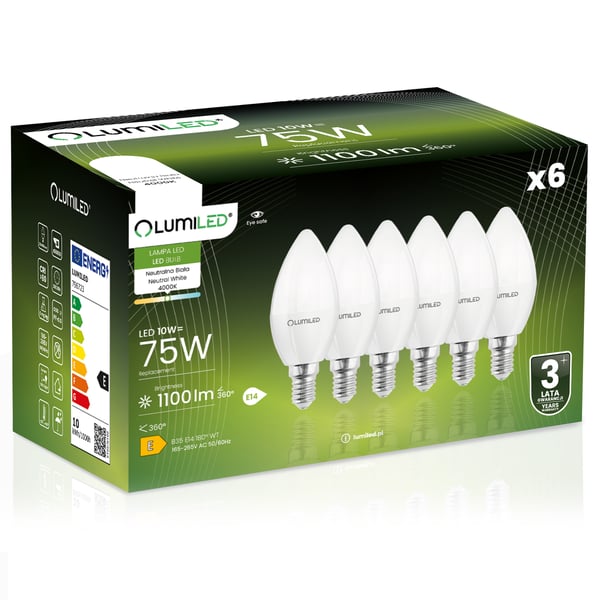 6x LED-pære E14 Stearinlys B35 10W = 75W 1100lm 4000K Neutral 180° LUMILED 6x LED-pære E14 Stearinlys B35 10W = 75W 1100lm 4000K Neutral 180° LUMILED