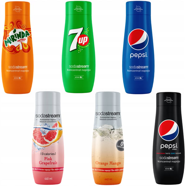 6 SodaStream-tiivisteen setti: Pepsi + Mirinda + 7UP + Greippi + Appelsiini-Mango + Pepsi MAX