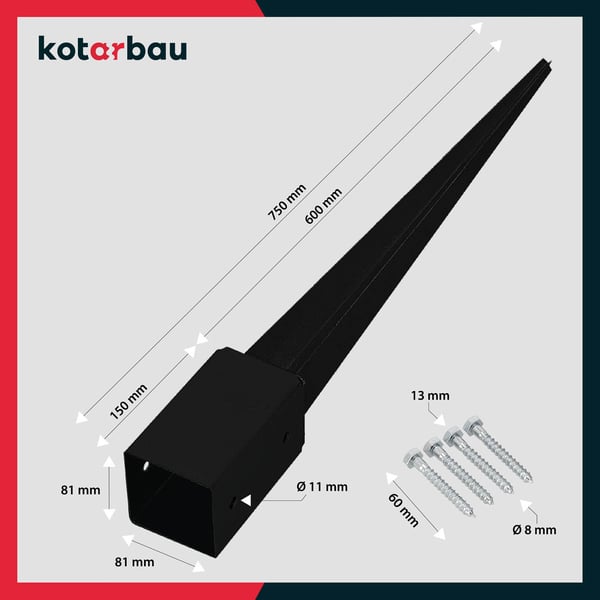 KOTARBAU stålstolpefæste til pergolaer og pavilloner, 81 x 81 x 750 mm, sort, 2 stk