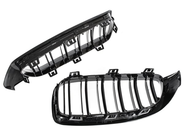 BMW 4 F32 / F33 / F36 13-18 gitter mellem forlygterne (nyrerne) venstre + højre sæt SORT GLOSSY DOBBELT BAR