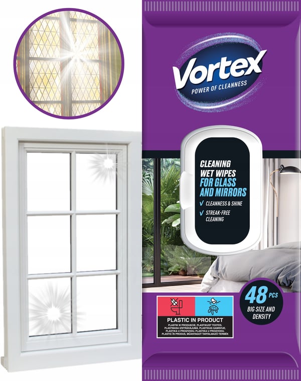 VORTEX våtservetter för speglar och glas med fällbara lock, 48 stycken