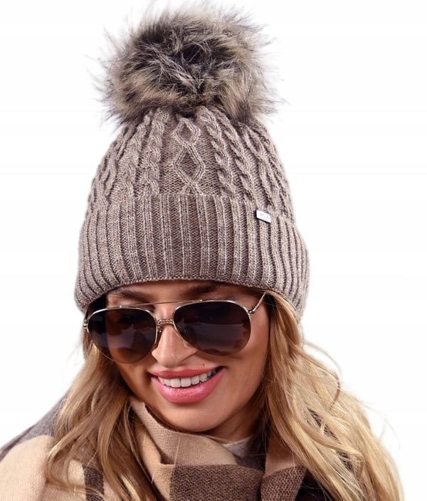 Damvintermössa tjock fleece med pompom latte