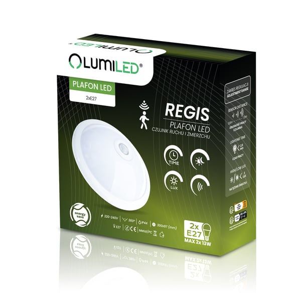 Taklampa LED REGIS 2x E27 IP44 med rörelsesensor och skymningssensor vit rund 30cm LUMILED