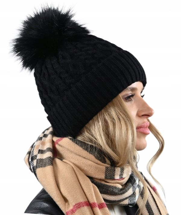 Svart vintermössa varm dammössa med pompom