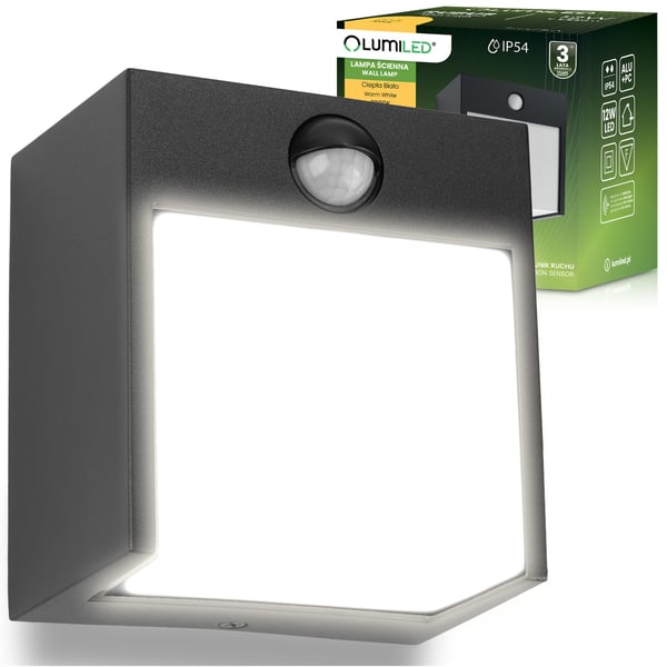 Have LED væglampe, udendørs PIR facadelampe, IP54, 12W, 3000K, RUBUS LUMILED