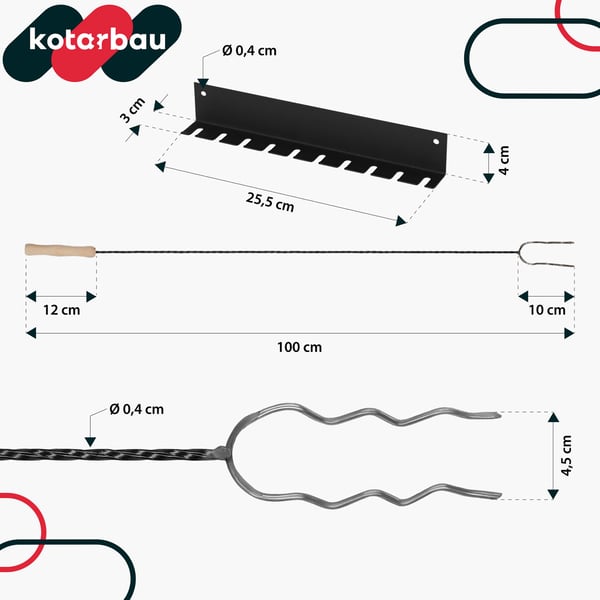 Kotarbau® Grillihaarukat, Kaksipiikkinen grillihaarukka nuotioon, Aaltoileva makkaratikku, 100 CM, 10 kpl setti + ripustin
