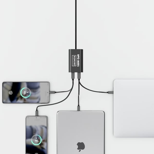 Vægoplader Strømforsyning 100W GaN III Cube AC Kabel 2x USB-C 65W 2x USB-A Zenwire YMS-608