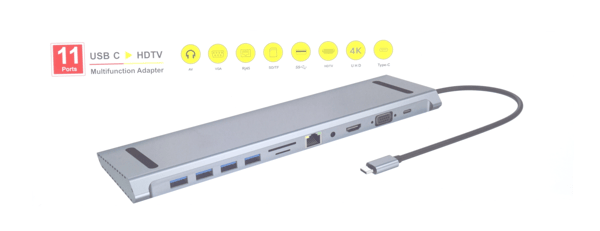 HUB USB-C HDMI 4K VGA LAN RJ45 4x USB SD-kort Jack 3,5mm Power Delivery 87W