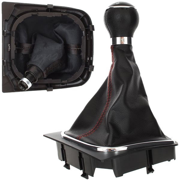 VW Golf V 03-08 gearstangsknop + SORT manchet med RØD gevind og KROMET stel 5 GEAR