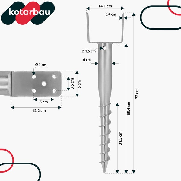 KOTARBAU® Stål U-bolt jordankerstolpe til hegn, pavilloner 141 x 720 mm Sæt med 2 stk.