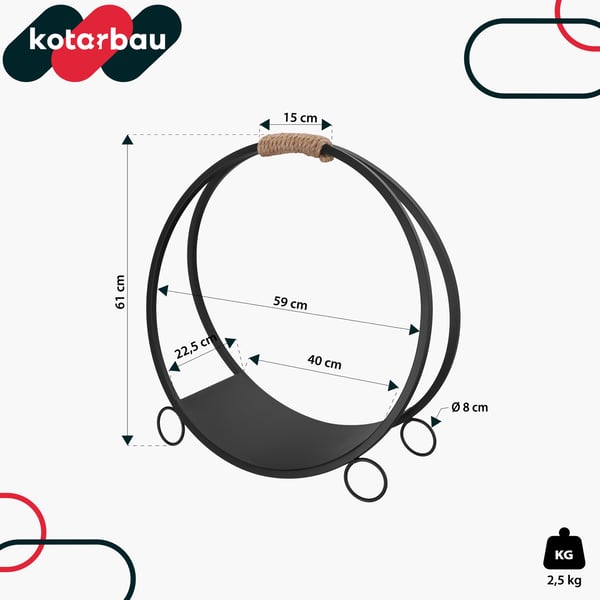 KOTARBAU® Brændekurvsstativ til pejs Stål Metal Brændekurv Dekorativ Loftkurv Hjul Sort 59 x 22,5 x 61 cm