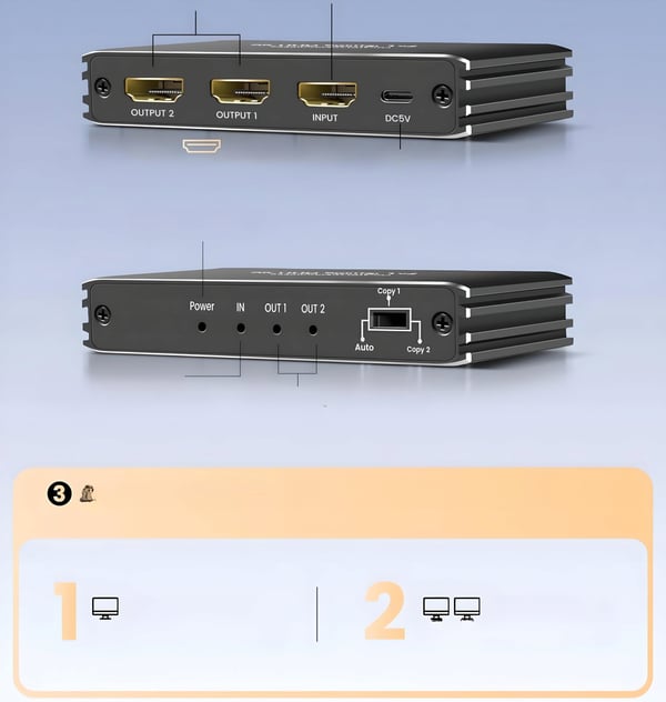 HDMI 2.1 SPLITTER 1x2 ULTRAHD SPLITTER HDCP 2.3 8K60HZ 4K 120HZ - 2 TV'er