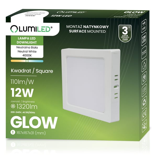 Utanpåliggande LED-taklampa 12W fyrkantig 4000K GLOW vit LUMILED