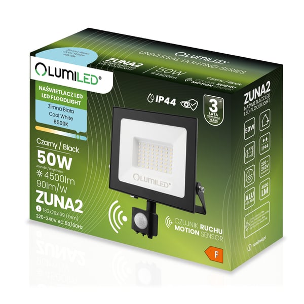 ZUNA2 LED-valonheitin 50W 4500lm 6500K IP44 musta liiketunnistin LUMILED