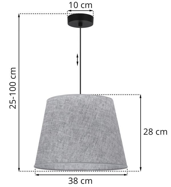 Hængelampe, linnedkegle, sort, 1 flad, grå lampeskærm L03 38cm