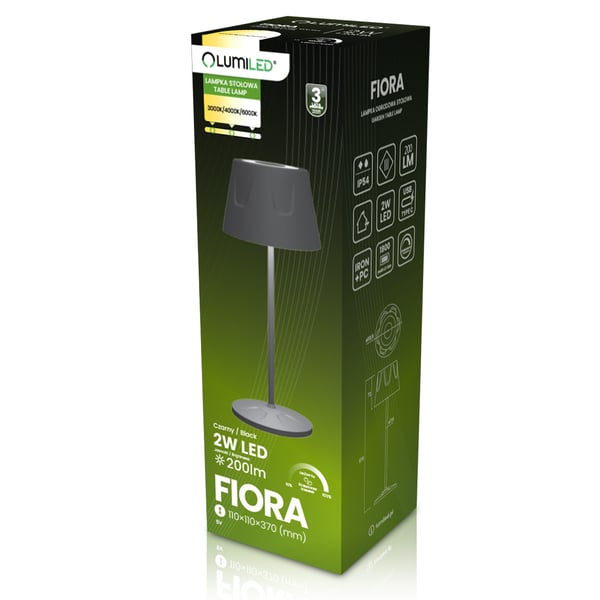 LED havelampe, stående, dekorativ, bord, natlampe, USB, dæmpbar, touch, sort, FIORA LUMILED