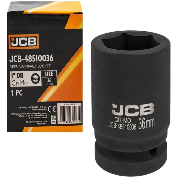 JCB Dyb Slagtopnøgle 1" 36 mm 6-punkts Cr-Mo Topnøgle
