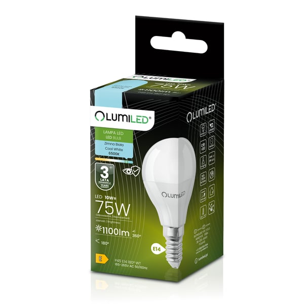 6x LED-pære E14 kugle P45 10W = 75W 1100lm 6500K kold hvid 180° LUMILED