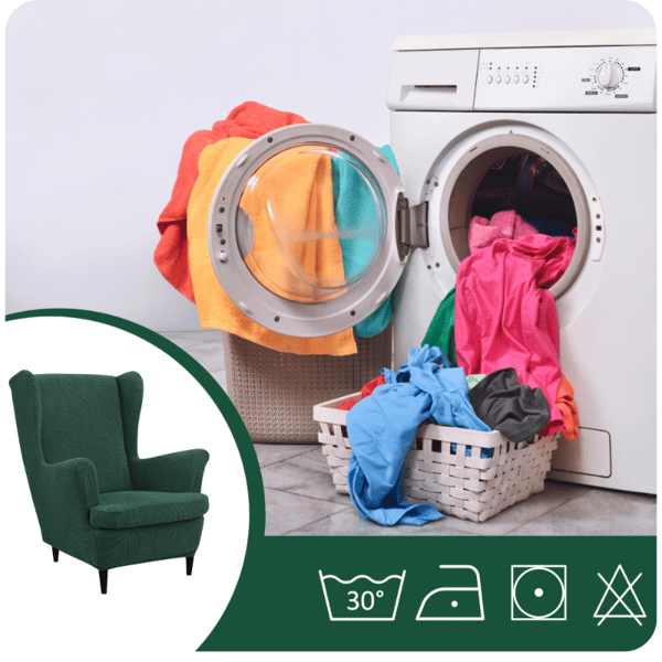 Päällinen siipimäiseen nojatuoliin, pullonvihreä sametti, jacquard-kuvio, kuminauha [30-Z3-ZLB]