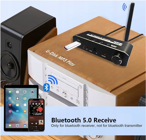 BLUETOOTH 5.0-RECEIVER LJUDOMVANDLARE DAC TOSLINK 2x CINCH AUX BT + USB